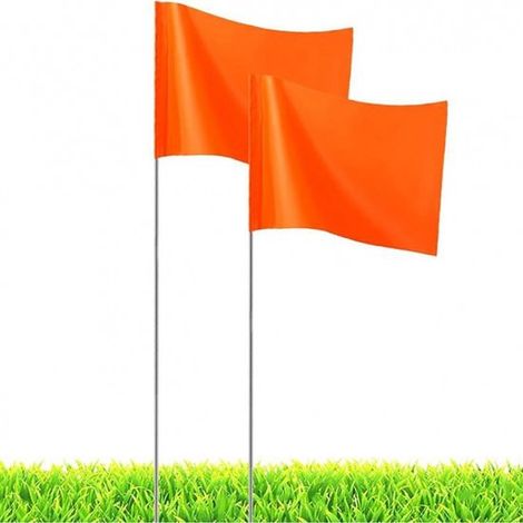 Lot de 20 fanions orange pour balisage extérieur – Piquets en fil d'acier pour le marquage des réseaux d'irrigation et de services publics – Diamètre du fanion : 12,2 cm, longueur du piquet : 38 cm (1/2)
