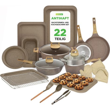 NutriChef Topf- & Pfannenset 22-teilig, Marmor, Sandbraun (1/5)