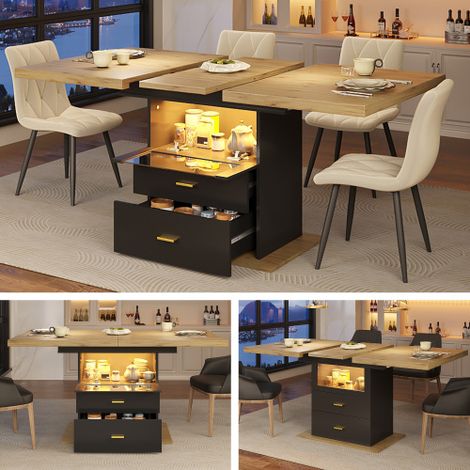 Table de salle à manger extensible, dimensions 110 (140) x 80 x 75 cm convient pour la salle à manger, la cuisine ou la terrasse avec éclairage LED capacité jusqu'à 6 personnes. (1/5)
