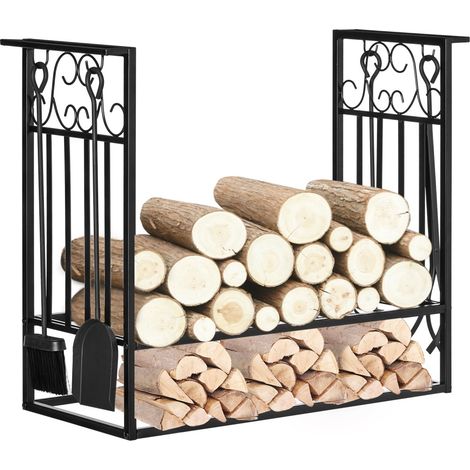 Serviteur de cheminée avec outils-4 accessoires et porte-bûches-Étagère en acier noir-75 x 30 x 60 cm (1/5)