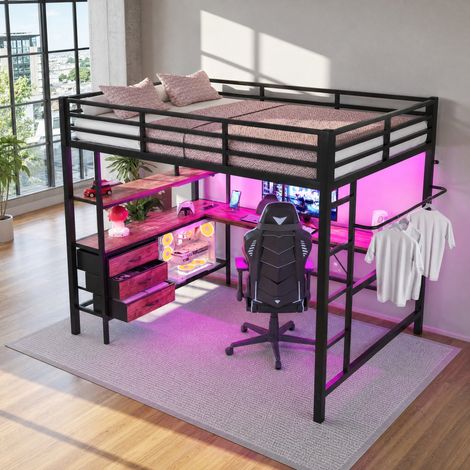 Hochbett 140x200 cm schwarz aus Metall und MDF mit Schreibtisch, Steckdose, USB und Stauraum (1/5)