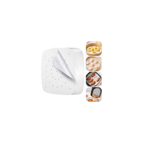 200 feuilles de papier de cuisson pour friteuse de 21,5 cm, papier vapeur carré, papier perforé pour friteuse, papier antiadhésif jetable pour barbecue, cuiseur à riz, cuiseur à vapeur, friteuse (1/5)