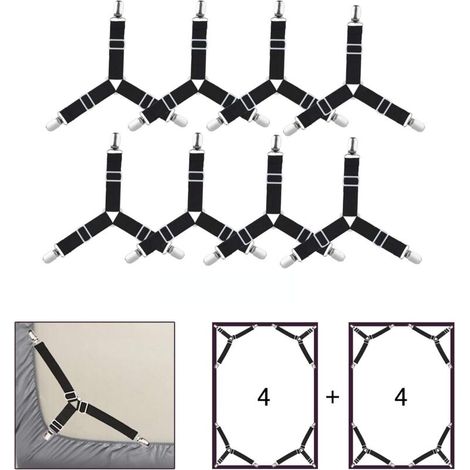 Noir 8 Pièces Drap de Lit Attaches, Réglable élastiques Triangle Sangles de Soutient pour Drap Housse et Drap Plat Draps de Lit, Matelas, Canapé Coussin, Nappes, Planche à Repasser