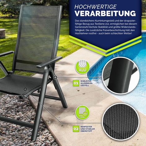 tillvex Gartenstuhl Premium 1 Stück Anthrazit klappbar aus Aluminium Hochlehner mit Armlehnen Klappstuhl verstellbar Klappsessel Balkon Garten Terrasse
