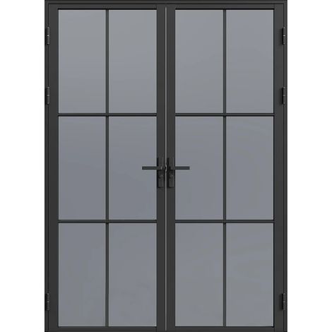 Vente-Unique – Bloc porte réversible double battant en aluminium et verre trempé – H204 x L73 cm – Noir – Sens d'ouverture poussant (1/5)