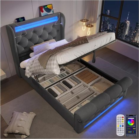 Lit simple rembourré avec LED 90 x 200cm, Lit coffre avec relevage hydraulique et Ports USB et Type-C, Velours + Gris (1/5)