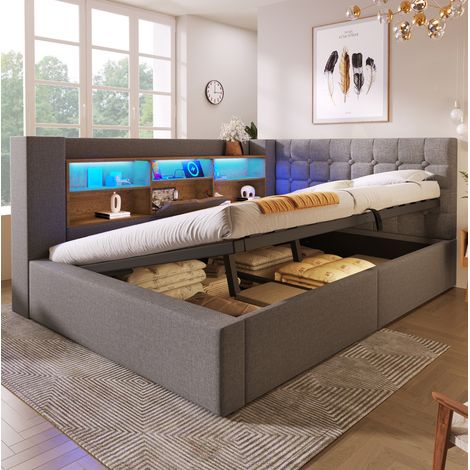 Bett Doppelbett Stauraum 140x190 LED Leinen Grau OKMYHOME (1/5)