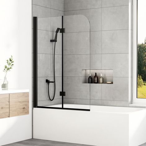 Duschwand für Badewanne Schwarz 120x140cm 2-teilig faltbar Badewannenaufsatz Duschabtrennung (1/5)