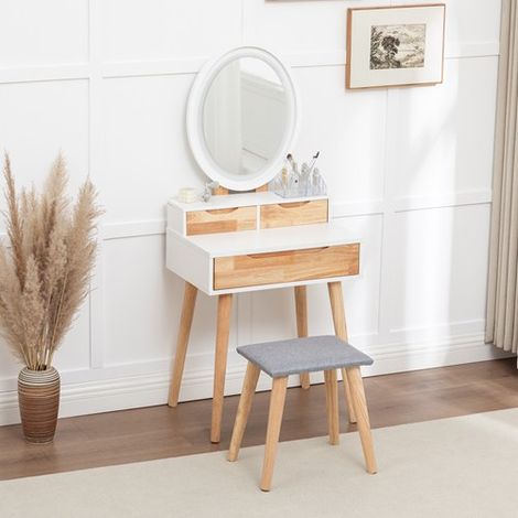 WestWood Natural White Makeup Vanity Dressing Table & Stool Set Oval LED Mirror Drawers