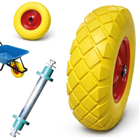 Ersatzrad Schubkarre 400x90 Schubkarrenrad 40cm PU Schubkarrenreifen 4.80/4.00-8 mit nadelgelagerter Achse (Gelb)