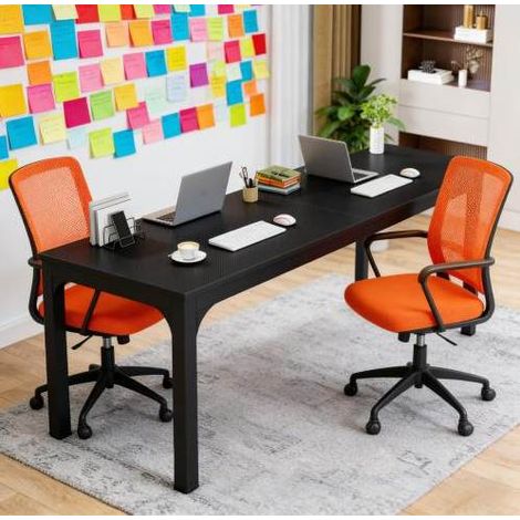 REDOM - Mesa de comedor 200x70x75 cm, para 6 a 8 personas, superficie resistente al agua y a los arañazos, metal y madera negro (1/5)