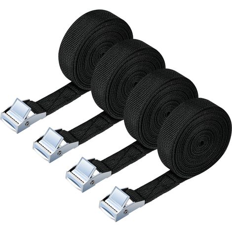 Sangle d'Arrimage, 3M 4PCS Kit de Fixation avec Sangle de Serrage Boucle de Serrage, pour Moto, Voiture, Porte Vélo, Puissance de Traction: 250 kg/Pièce (Black) (1/5)