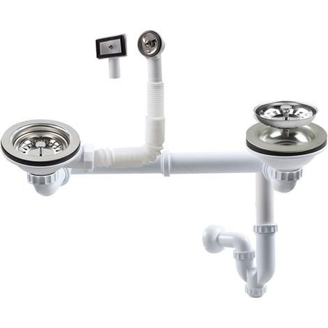 Garniture de vidange double avec trop-plein, diamètre 114 mm, blanc, ensemble complet pour évier de cuisine, convient pour éviers avec une ouverture de 83–90 mm Z7008C029 (passage mural pour (1/5)