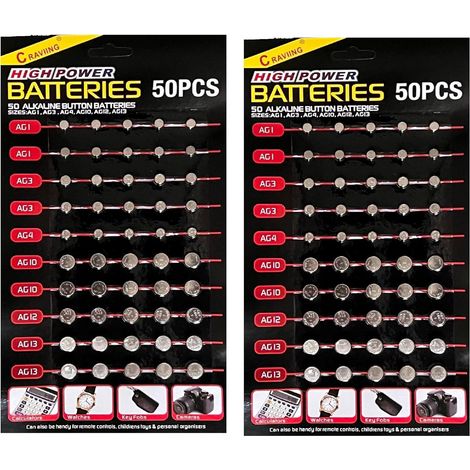 Lot de 100 piles bouton alcalines AG1/LR621 AG3/LR41 AG4/LR66 AG10/LR54 AG12/LR43 AG13/LR44 pour montres, calculatrices, porte-clés, jouets (1/5)