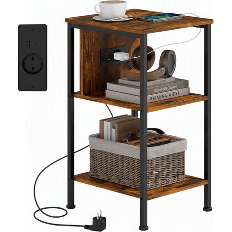 Table d'appoint - HOMCOM - station de charge et 2 étagères ouvertes - style industriel - bois - 34 x 30 x 58 cm - brun rustique (1/5)