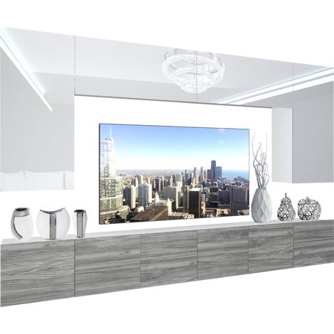 BELINI Wohnwand Vollausstattung Wohnzimmer-Set Moderne Schrankwand mit LED-Beleuchtung Anbauwand TV-Schrank Weiß/Glamourholz