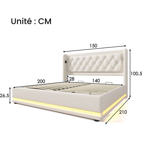Letto Contenitore Letto Matrimoniale 140 x 200 cm con USB, Tipo C e LED, senza Materasso, in PU, Bianco (1/4)