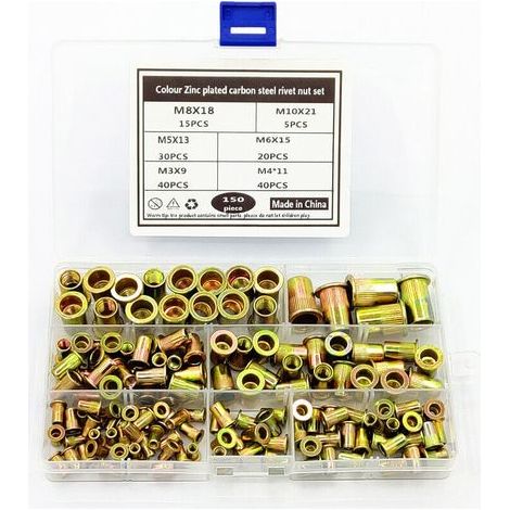 Rivet Écrous en Acier Carbone Inserts Filetés Écrou Aveugle Inox Tête Plate Rivets M3 M4 M5 M6 M8 M10 150 Pièces (1/5)