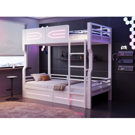 Litera de metal 90x200 cm con somier de láminas - cama alta para niños y jóvenes con iluminación led, barrera de seguridad y escalera recta - mdf y metal - blanco (1/5)
