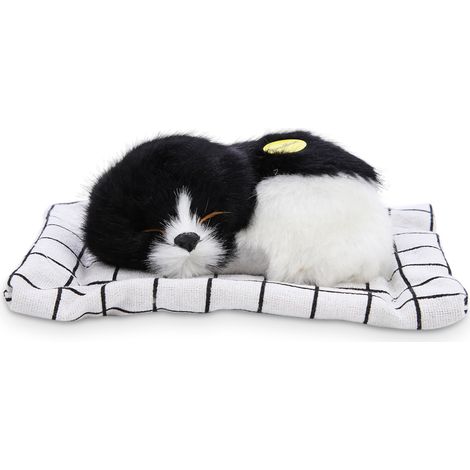 Adorable peluche réaliste représentant un chien endormi, avec son, en noir et blanc. (1/5)
