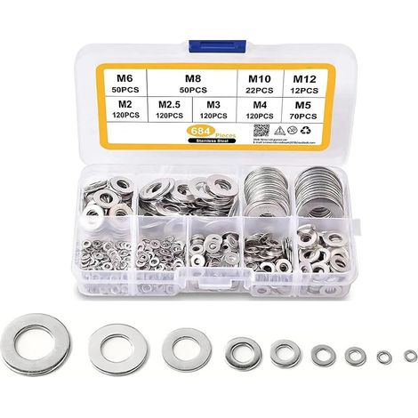 Lot de 684 joints de vidange de voiture, 9 tailles（M2-12）, joint d'étanchéité plat en acier inoxydable, accessoire universel de voiture (argenté) (1/5)