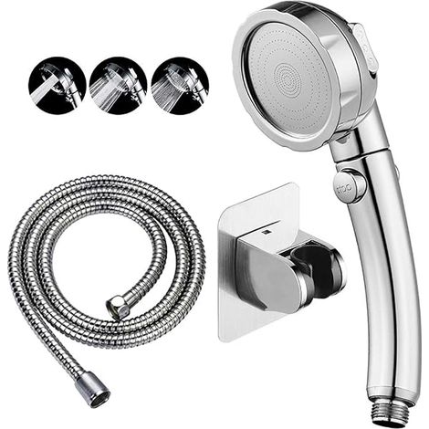Drill-Free Hochdruck-Handbrause mit ON/OFF-Pausenschalter 3 Sprühmodi Wassersparender Duschkopf, abnehmbares Welpen-Duschzubehör (M:Duschkopf (Chrom)+Halterung+Schlauch) (1/5)