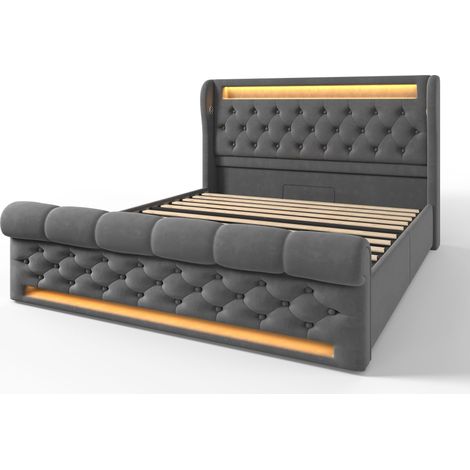 Lit double capitonné moderne 160x200 cm, lit capitonné avec LED, tête de lit de rangement avec ports USB et Type C, lit de rangement hydraulique, gris, velours (sans matelas) (1/5)