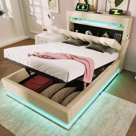 Lit simple capitonné 90x200cm, tête de lit avec rangement, ports USB et Type-C, éclairage LED en tête et pied de lit, rangement hydraulique, beige, lin. (Matelas non inclus), garantie 2 ans (1/5)
