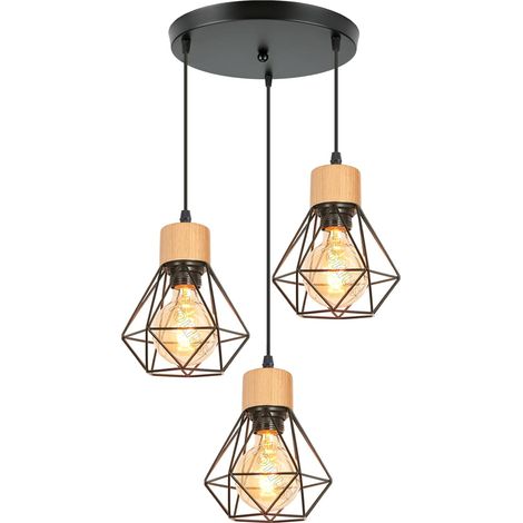 1 Suspension Luminaire Industriel Métal Bois E27 Rétro Salon Cuisine (1/5)