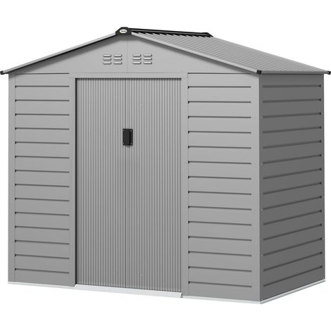 Verzinkter Stahl Gerätehaus 2,43 213x131x192cm Geräteschuppen mit Satteldach, Abschließbarer Schiebetür, wetterfest Gartenhaus, Outdoor Garten Schuppen für Hinterhof Außenbereich, Grau Aosom