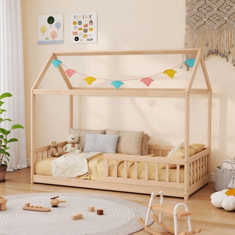 HOMCOM House-Shaped Kids Bed Frame Solid Pine Wood with Guard Rails, Natural (1/5)