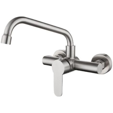 Robinet de cuisine mural en acier inoxydable 304, vadrouille, évier de piscine, balcon, buanderie, robinet rotatif chaud et froid, diamètre du siège de valve 3,2 cm, argent- (1/3)
