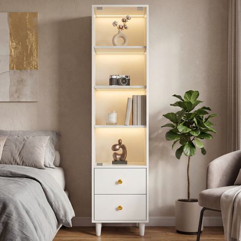 Meuble de rangement vitrine avec LED, portes vitrées, 2 tiroirs, blanc 165 x 40 x 35 cm DESVIAE (1/5)