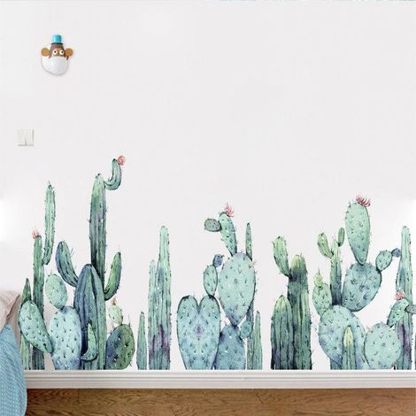 Sticker mural décoratif en forme de cactus vert pour plinthe (1/4)