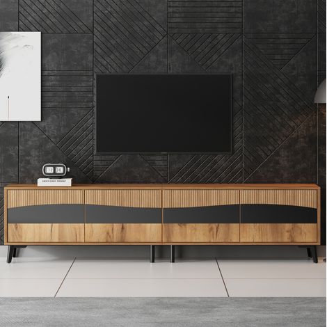 Mueble TV 180x40x50 cm con 4 puertas y 4 compartimentos, madera natural y negro (1/5)