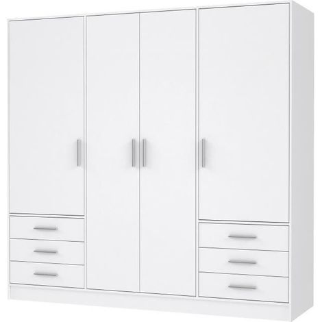Les Tendances – Armoire 4 portes battantes 6 tiroirs – Blanc mat – Dimensions L 206,5 x P 60 x H 200 cm – Penderie avec tringle et tablette