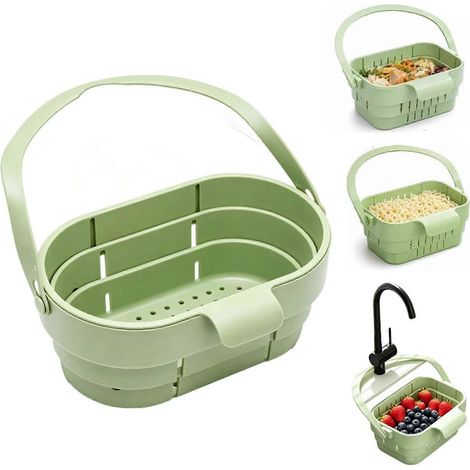 Passoire évier suspendue extensible pliable blanche avec couvercle rabattable, rangement multifonction robinet (1/5)