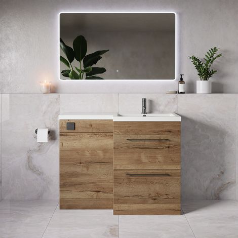 Napoli 390 Tobacco Oak 1100mm 2 Drawer Vanity Unit Toilet Suite with Square Right Hand Lucia Basin - 1100mm - Gunmetal Grey 320mm HandleWithout Kingston Toilet Pan
