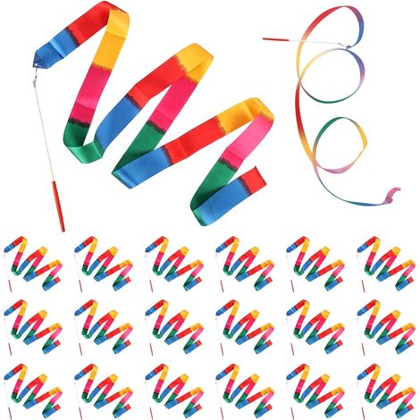 Lot de 18 pièces rubans de danse, bande de gymnastique avec bâton 2M, ruban de gymnastique rythmique, longs rubans de danse, ruban oscillant ruban tourbillonnant, banderoles de danse streamer