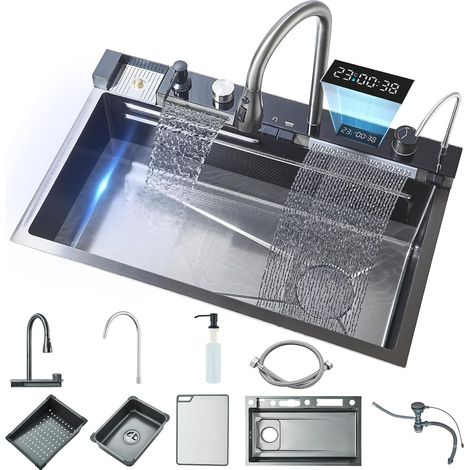 Suguword – Évier de cuisine double en acier inox 304 – Robinet intelligent numérique avec mode pluie – Design anti-traces et surfaces autolavables