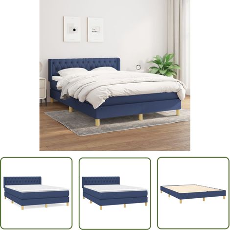 The Living Store Sommier à lattes de lit avec matelas Bleu 140x190 cm Tissu - Lit Plateforme - Lit Double - Matelas Ressorts Ensachés - Literie - Chambre À Coucher (1/5)