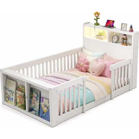 Lit enfant 90 x 190 cm avec barrières hautes, USB, veilleuse et rangement au pied, blanc en bois, idéal chambre enfant  CHICFURN (1/5)
