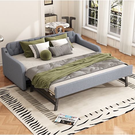 Schlafsofa Leinenstoff Grau 90x200 cm mit ausziehbarem Rollbett und USB-Anschluss (1/5)