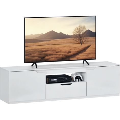 Meuble TV blanc laqué pour téléviseurs jusqu'à 65 pouces, 3 compartiments, tiroir, dimensions 160 x 38 x 43 cm. (1/5)
