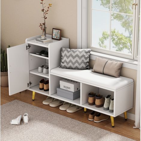 Zapatero con banco 120x35x71.5 cm, con asiento acolchado, estantes ajustables, tablero aglomerado blanco (1/5)