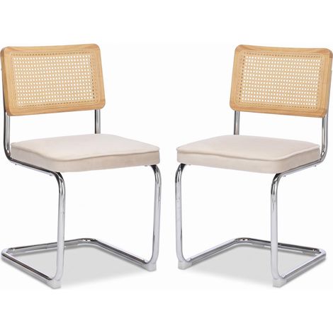 FurnitureR Lot de 2 chaises de salle à manger beiges avec cannage naturel, assise velours et structure cantilever métallique (1/5)