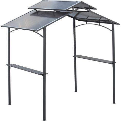 Pavillon de barbecue avec toit ignifugé, 2 étagères, 2,5 x 1,5 m, acier PC, noir et marron (1/5)
