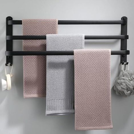 Porte-serviettes mural en aluminium 3 niveaux avec crochets 30 cm porte-serviettes noir étanche pour salle de bain cuisine salle de bain (1/4)