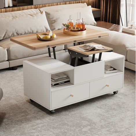 Table basse relevable 100x50x47,5 cm blanc et décor bois, 4 tiroirs, plateau pliant en MDF MEUBLIV (1/5)