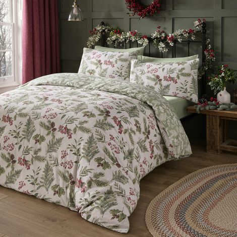 Housse de Couette de Noël Houx et Baies Rouges Lit Double (200 x 200 cm) Design réversible (2 Couleurs) 100% Coton Housse de Couette Motif Branches et fougères de Noël (1/4)